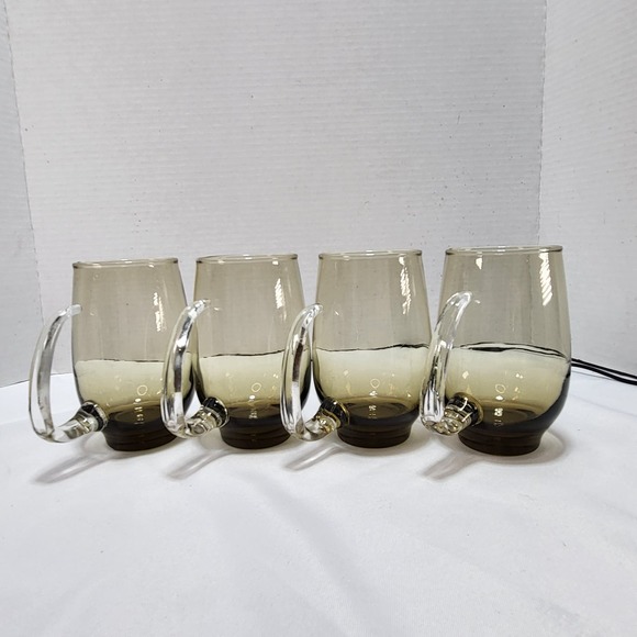 Vintage 1970's 1980's Smoked glasses Libbey Tempo Mug Clear Handle Set of 4 - Picture 2 of 7